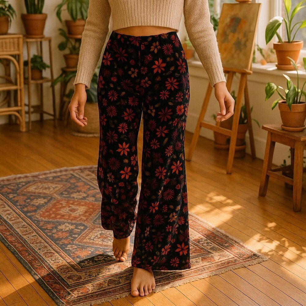 Urban Outfitters Palazzo Floral print Black Boho Flared leg High Rise Waist SZ 2